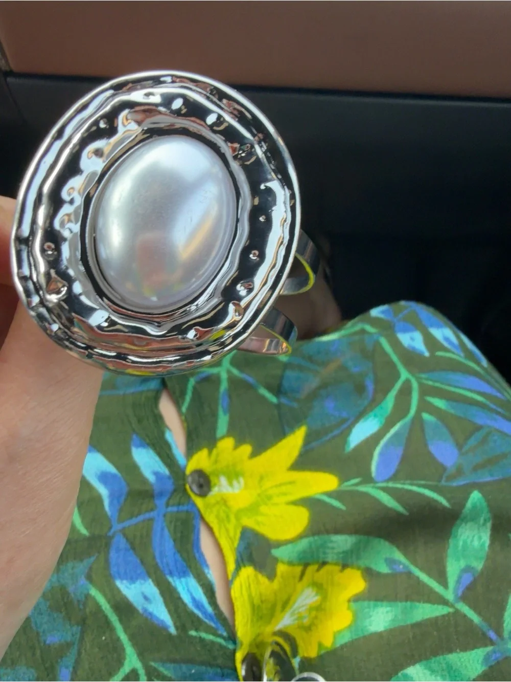 Silver-Tone Statement Pearl Cabochon Ring and Cuff Bracelet Set